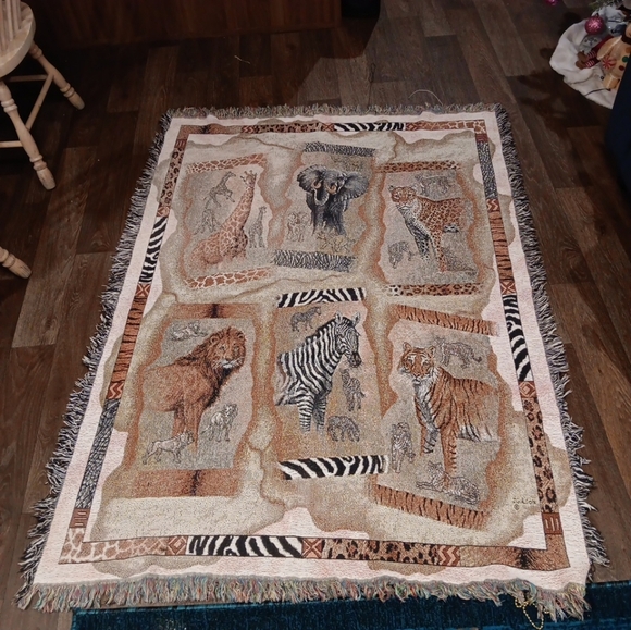 Vintage Gibson Tapestry Blanket African Animals Giraffe Zebra Lion Elephant Tige - Picture 1 of 4